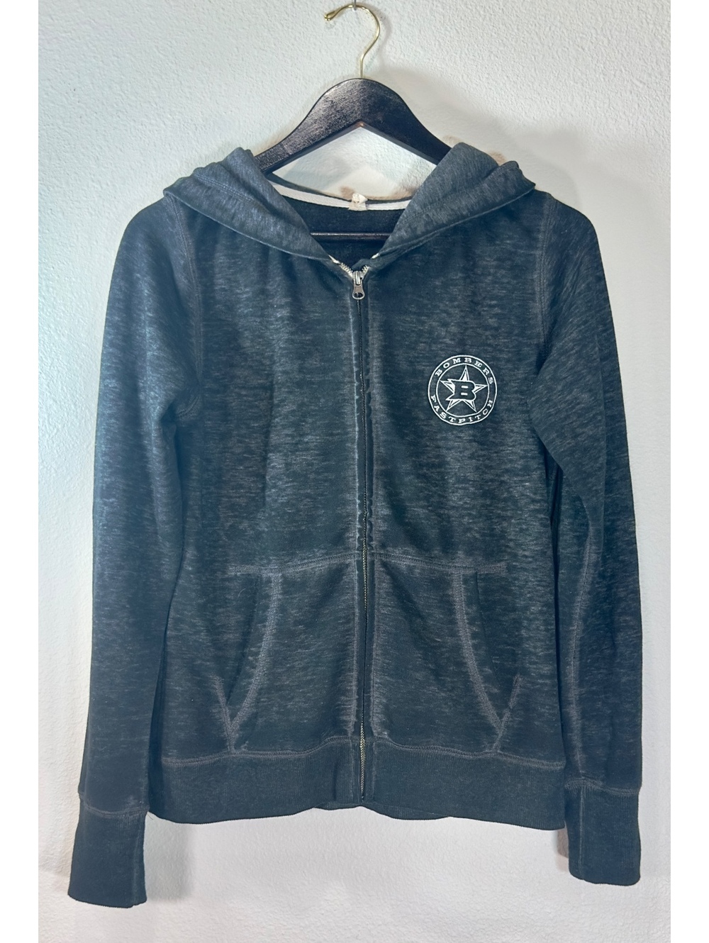 Bombers Fastpitch Softball Women’s M Full Zip Hoodie Black Burnout Thumbhole